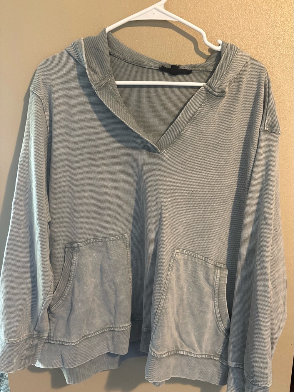 Jane and Delancey Washed Light Gray V-Neck Hooded Waffle Knit Sweater